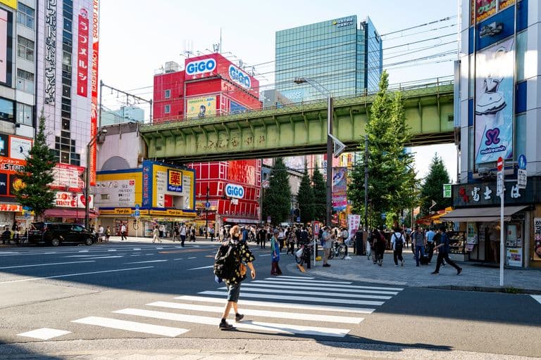 Crowded city street with pedestrians crossing crosswalk in front of tall buildings with colorful advertisements and billboards, under an elevated green railway track.