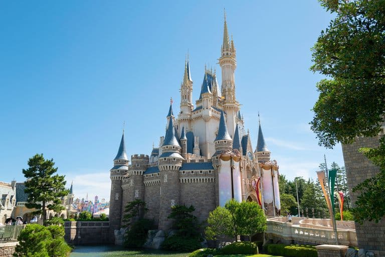 The Cinderella Castle at Walt Disney World under a clear blue sky, with lush green trees and colorful banners in the foreground and background.