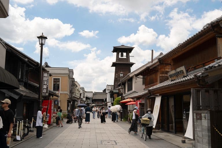 A busy pedestrian street with traditional Japanese buildings, some with signs in Japanese, and people walking, shopping, and holding umbrellas under a partly cloudy sky.