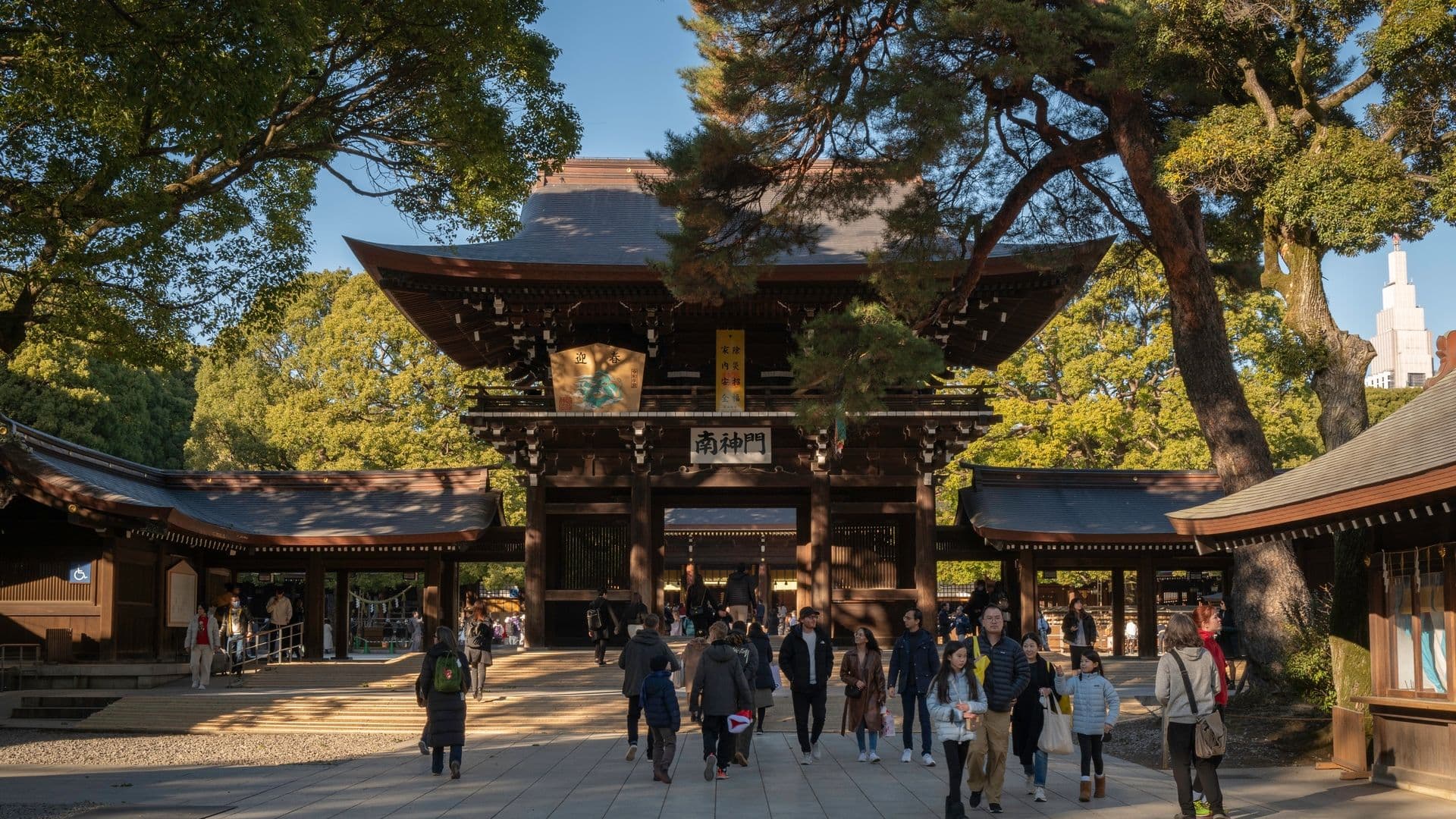 People walking towards the main gate of a traditional Japanese shrine surrounded by large green trees.