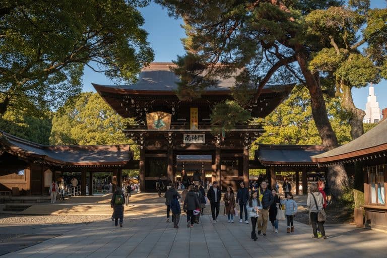People walking towards a traditional Japanese temple entrance surrounded by trees.