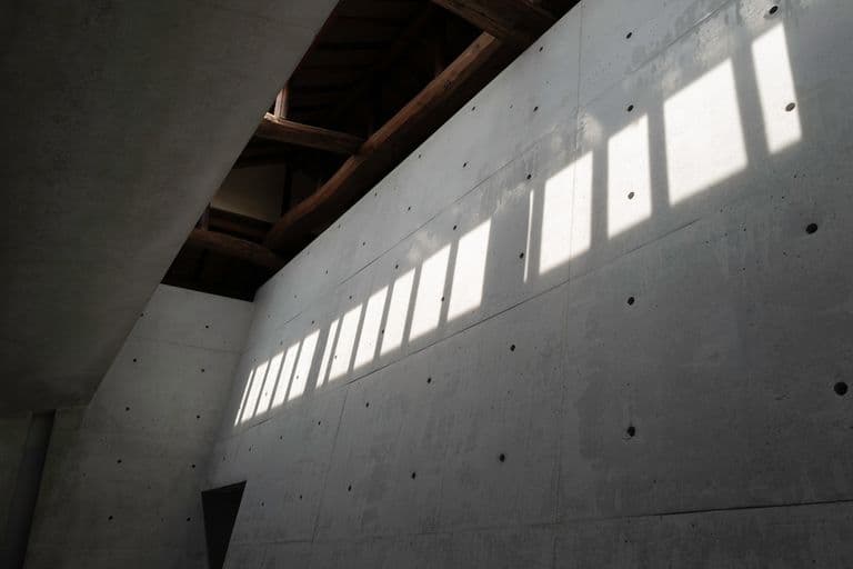 Interior view of a concrete wall with a shadow of a railing cast on it, showing part of a ceiling with wooden beams.