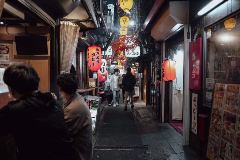 A narrow alleyway in Japan decorated with Japanese lanterns and autumn leaves, with people walking and standing outside restaurants.