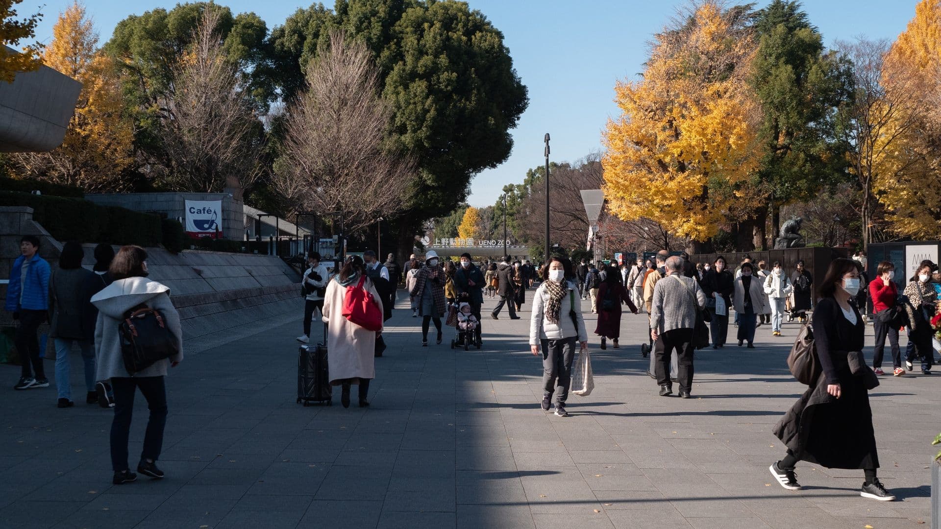 People walking on a wide pedestrian pathway lined with trees, some with autumn foliage. Several individuals wear masks, and the area appears busy. A café sign is visible on the left. The sky is clear and sunny.