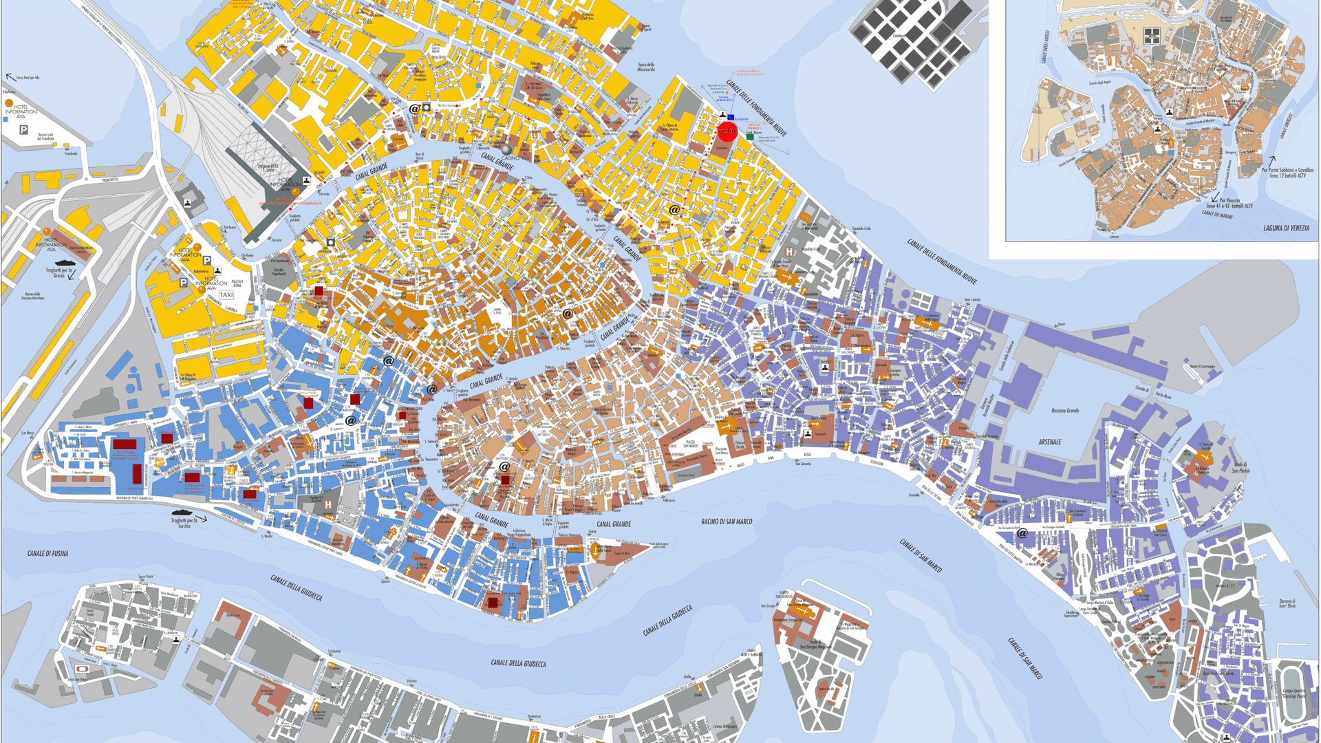 Color-coded map of Venice, Italy showing districts and canals.